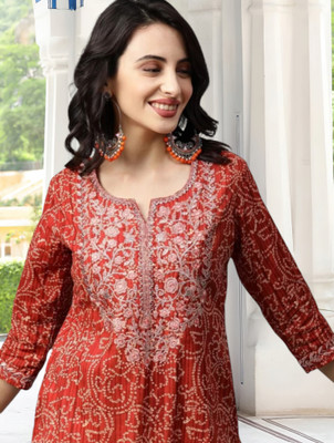 Nibhao Women Printed, Embroidered Straight Kurta(Red)