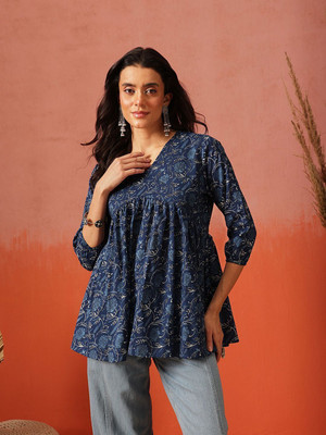 Fembliss Women Floral Print Flared Kurta(Dark Blue)