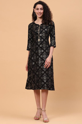 RANGRITI Women Printed A-line Kurta(Black)