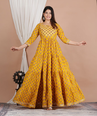 Navkriti Jaipur Women Floral Print Anarkali Kurta(Yellow)