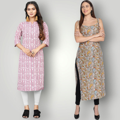 KAUTAQI Women Printed Straight Kurta(Multicolor)