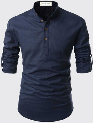 DEEMOON Men Solid Straight Kurta(Blue)