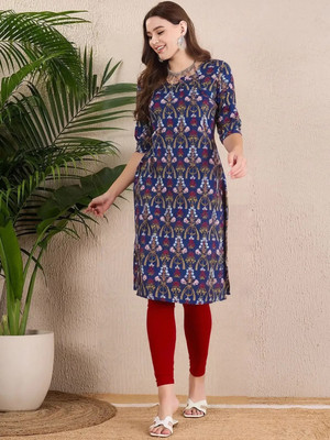 SZN Women Printed A-line Kurta(Dark Blue)
