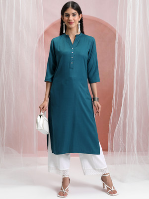 Vishudh Women Solid Straight Kurta(Blue)