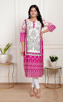JKM Women Printed A-line Kurta(Yellow, White)