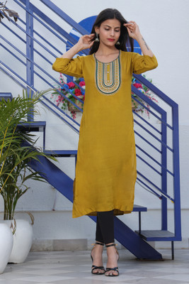 Oddlily Women Embroidered A-line Kurta(Yellow)