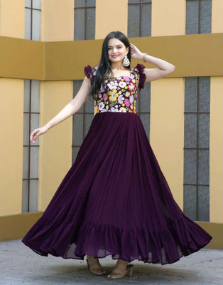 FOXDX Women Embroidered Gown Kurta(Purple)