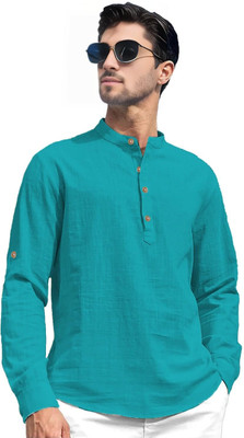 KNOWTED Men Solid Straight Kurta(Blue)