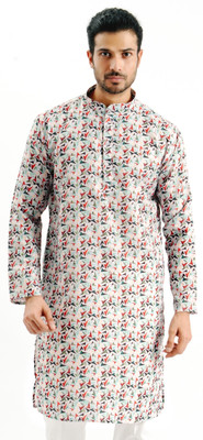 JODIDAR Men Printed Straight Kurta(White)