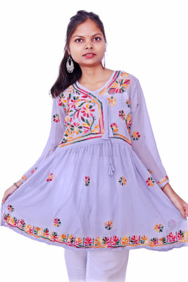 Ah creation Women Chikan Embroidery Ethnic Dress Kurta(Purple)