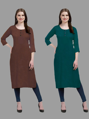 HOFC Women Solid Straight Kurta(Maroon, Dark Green)