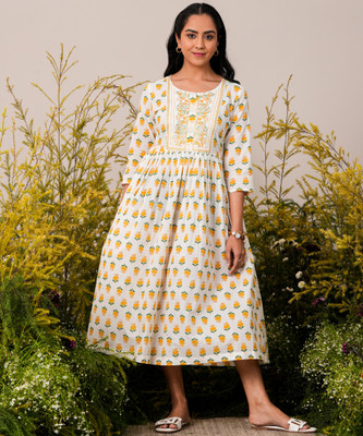 LIBAS Women Printed Flared Kurta(White)