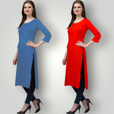 Coft Women Solid Straight Kurta(Blue, Red)