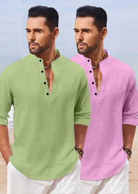 HEMADHAV Men Solid Straight Kurta(Light Green, Pink)