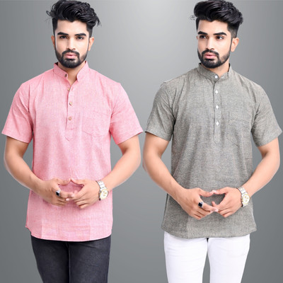 QuaClo Men Solid Straight Kurta(Red, Grey)