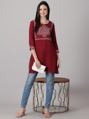 Dk Fab Women Printed A-line Kurta(Maroon, Pink, White)