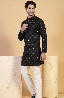 Bisswas Men Printed Straight Kurta(Black)