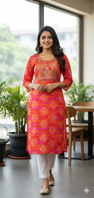 Dk Kavya Women Printed, Geometric Print, Embroidered, Embellished Straight Kurta(Orange, Pink)