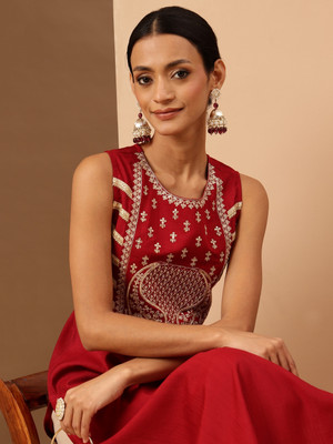 Janasya Women Embroidered Straight Kurta(Red)