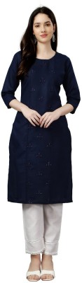 krikara collection Women Embroidered Straight Kurta(Dark Blue)