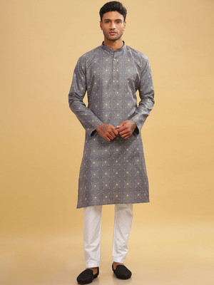 ANOUK Men Abstract Straight Kurta(Grey)