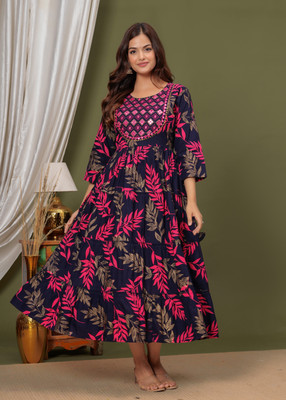 NKRM Women Embroidered Flared Kurta(Blue, Pink)