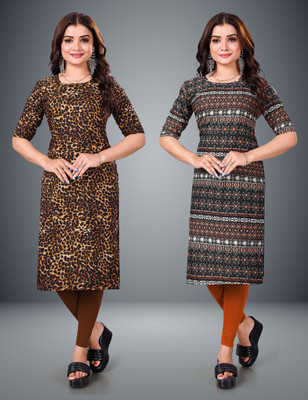 MOBHISA Women Printed Straight Kurta(Orange)