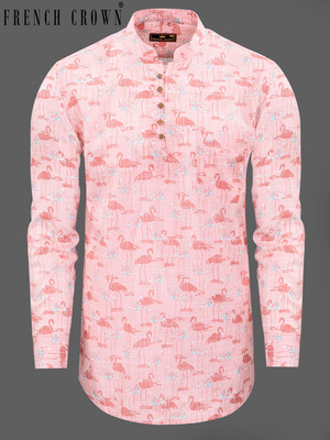 french crown Men Printed Straight Kurta(Pink)