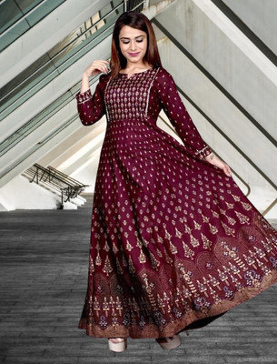 Smartgod Women Printed Anarkali Kurta(Maroon)