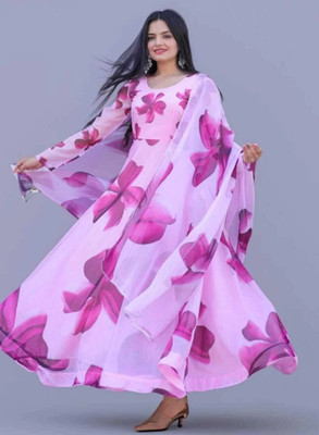 mitvafashion Women Floral Print Gown Kurta(Pink)
