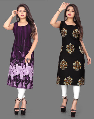 Hiral Creation Women Floral Print Straight Kurta(Purple, Black)