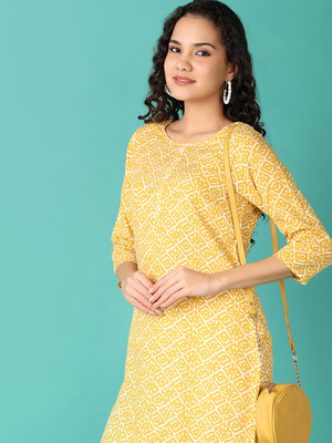 V-MART Women Printed A-line Kurta(Yellow)