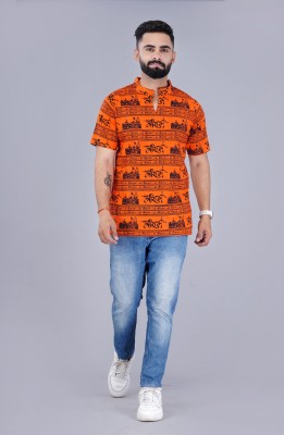 NS Beanie Printed Men Polo Neck Orange T-Shirt