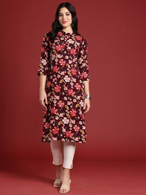 ANOUK Women Floral Print Straight Kurta(Maroon)