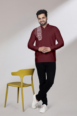 SWAMOTIFASHION Men Printed Straight Kurta(Maroon)