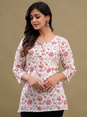 FERANOID Women Floral Print Straight Kurta(White, Pink)