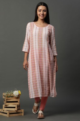 Aurelia Women Striped Straight Kurta(Pink)