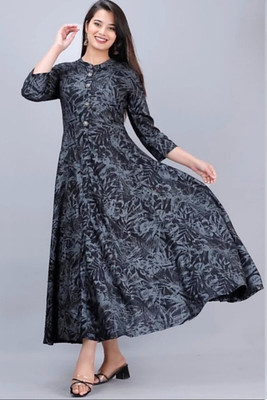 NeJa Group Women Printed Anarkali Kurta(Black, Grey)
