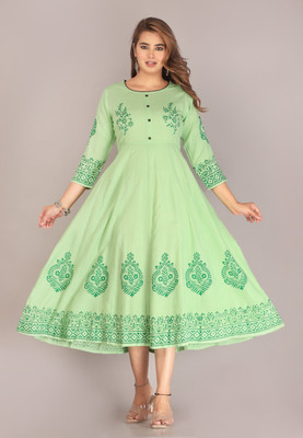 Priyagini Women Block Print Anarkali Kurta(Light Green)