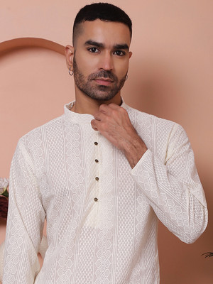 Jompers Men Embroidered Straight Kurta(White)