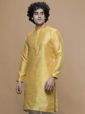 Maahi Fabs Men Self Design Straight Kurta(Yellow)
