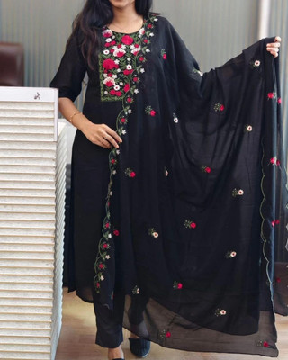 kedarnath Women Embroidered Straight Kurta(Black)