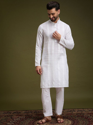 ANOUK Men Geometric Print Straight Kurta(White)