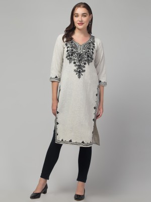 CROWNKING Women Embroidered Straight Kurta(White)