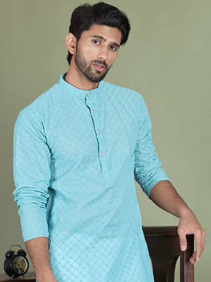 Jompers Men Embroidered Straight Kurta(Blue)
