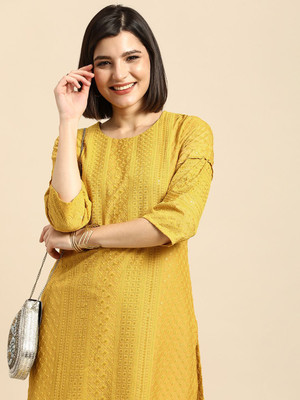 ANOUK Women Self Design Straight Kurta(Yellow)