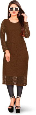 HOC's Women Self Design Straight Kurta(Brown)