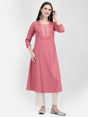 Span Women Self Design A-line Kurta(Pink)