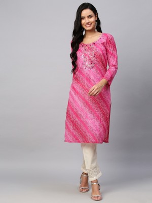 RED FEATHER Women Printed, Chikan Embroidery, Embroidered Straight Kurta(Pink)