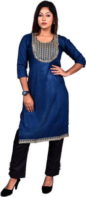 fits and fab Women Embroidered A-line Kurta(Blue)